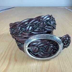 Brighton vintage Brown Braided Leather Belt Silver Classic Luxury Small
